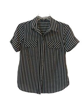 Black White Striped Button Shirt Womens S Short Sleeves Notations #D-28